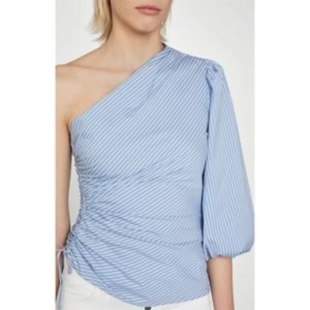 BCBGMaxAzria Blue Striped Ruched Poplin Top Size Small - Picture 6 of 15